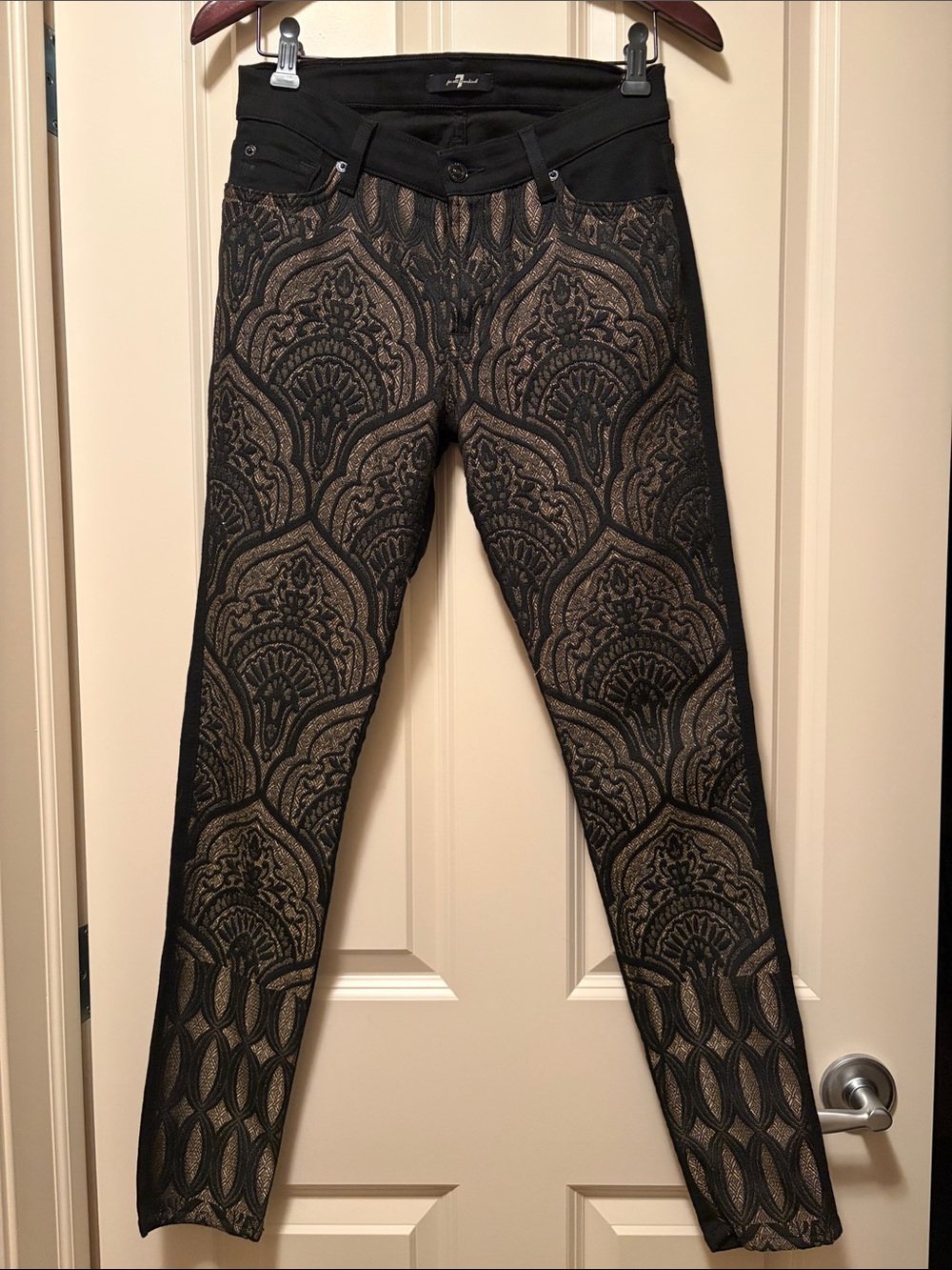 7 For All Mankind “The Pieced” Black and Gold Brocade Skinny Jeans